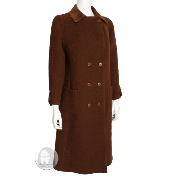 Hermes Brown Double Breasted Suede Leather Trim Trench Style Wool Coat, 1970s - Picture 4 of 11